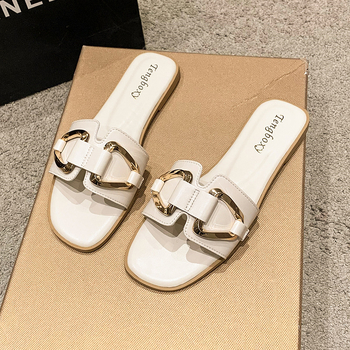 Ženske slip-on sandale s PU gornjim dijelom, gumom potplatom, kvadratna kopča, ravna peta, za svakodnevnu upotrebu
