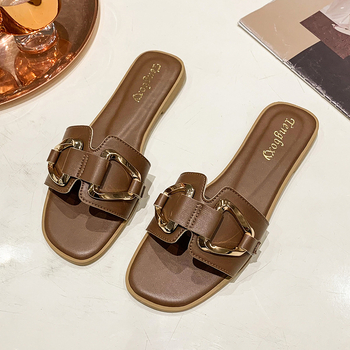 Ženske slip-on sandale s PU gornjim dijelom, gumom potplatom, kvadratna kopča, ravna peta, za svakodnevnu upotrebu