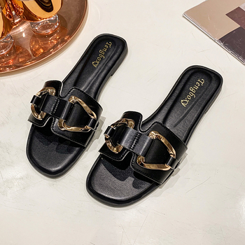 Ženske slip-on sandale s PU gornjim dijelom, gumom potplatom, kvadratna kopča, ravna peta, za svakodnevnu upotrebu