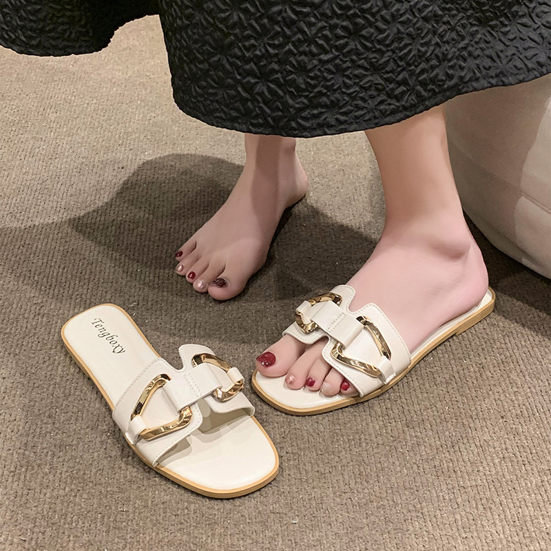 Ženske slip-on sandale s PU gornjim dijelom, gumom potplatom, kvadratna kopča, ravna peta, za svakodnevnu upotrebu