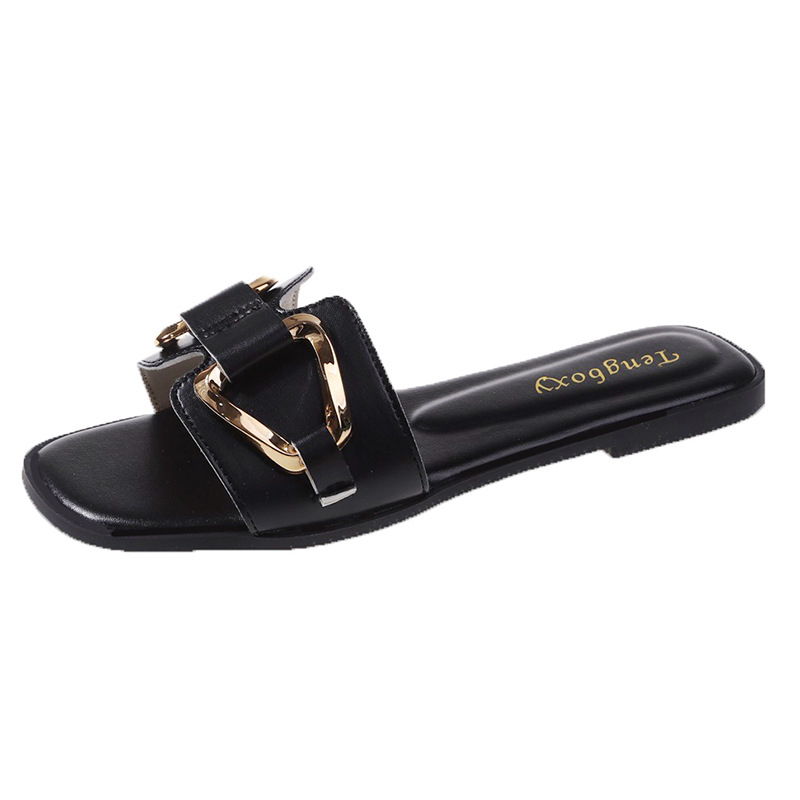 Ženske slip-on sandale s PU gornjim dijelom, gumom potplatom, kvadratna kopča, ravna peta, za svakodnevnu upotrebu