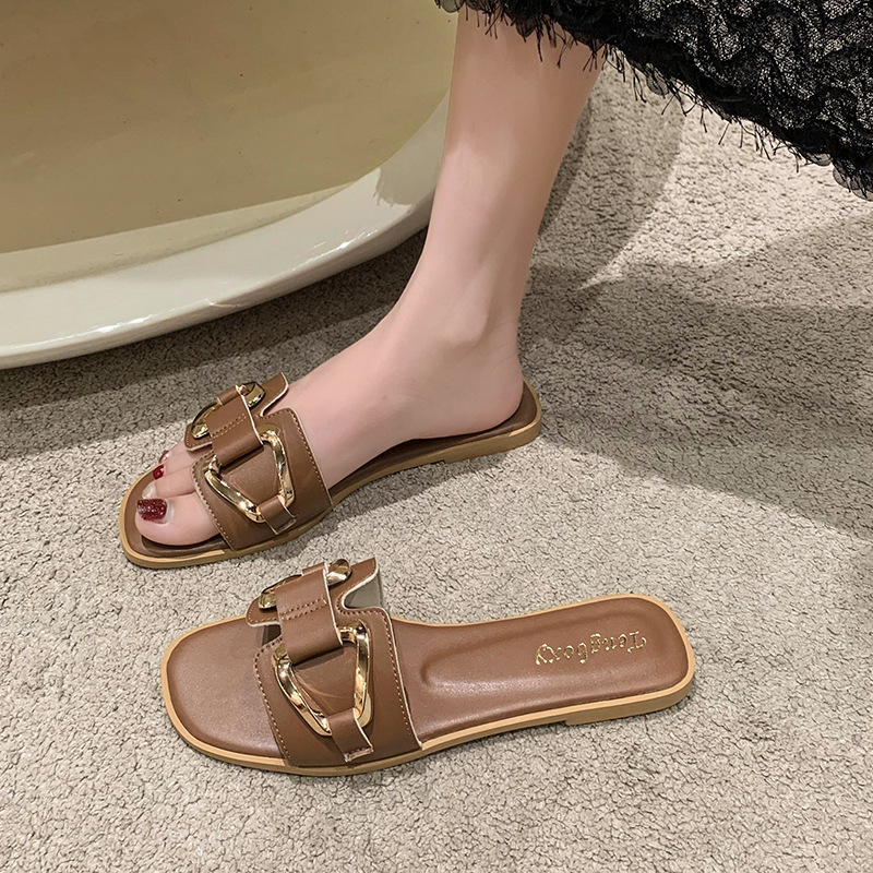 Ženske slip-on sandale s PU gornjim dijelom, gumom potplatom, kvadratna kopča, ravna peta, za svakodnevnu upotrebu