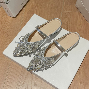Ženske mule s oštrim vrhom, rhinestones, zatvoren vrh, ravne cipele, gornji materijal: super vlakno, potplat: guma, debljina potplata 3-5 cm