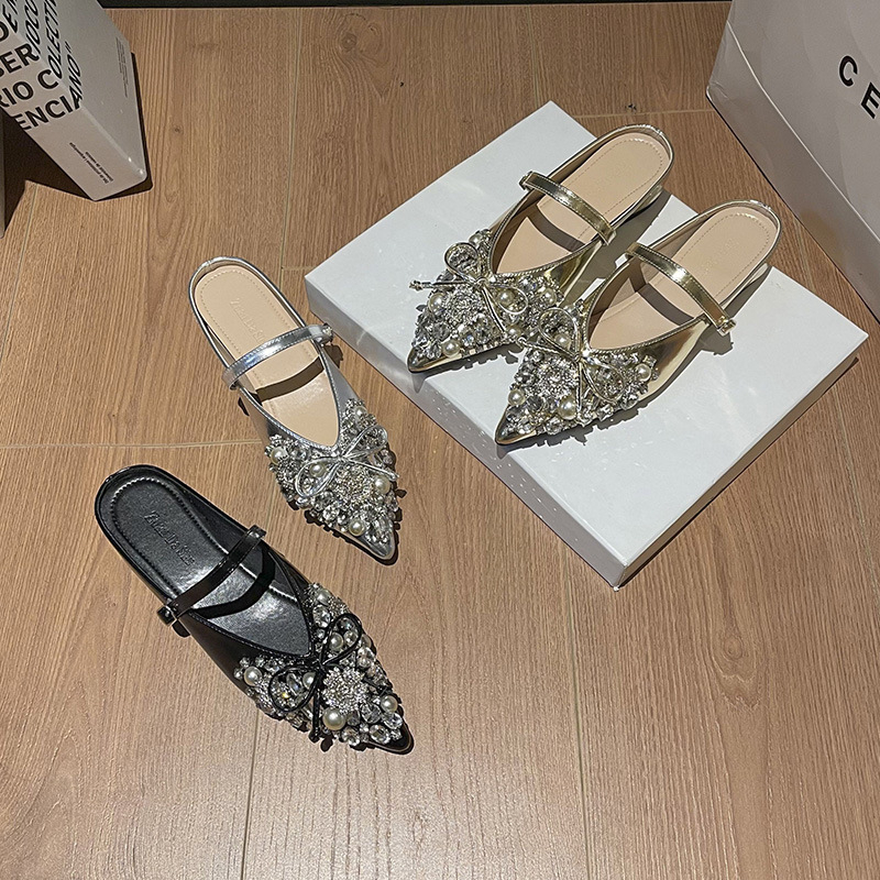 Ženske mule s oštrim vrhom, rhinestones, zatvoren vrh, ravne cipele, gornji materijal: super vlakno, potplat: guma, debljina potplata 3-5 cm
