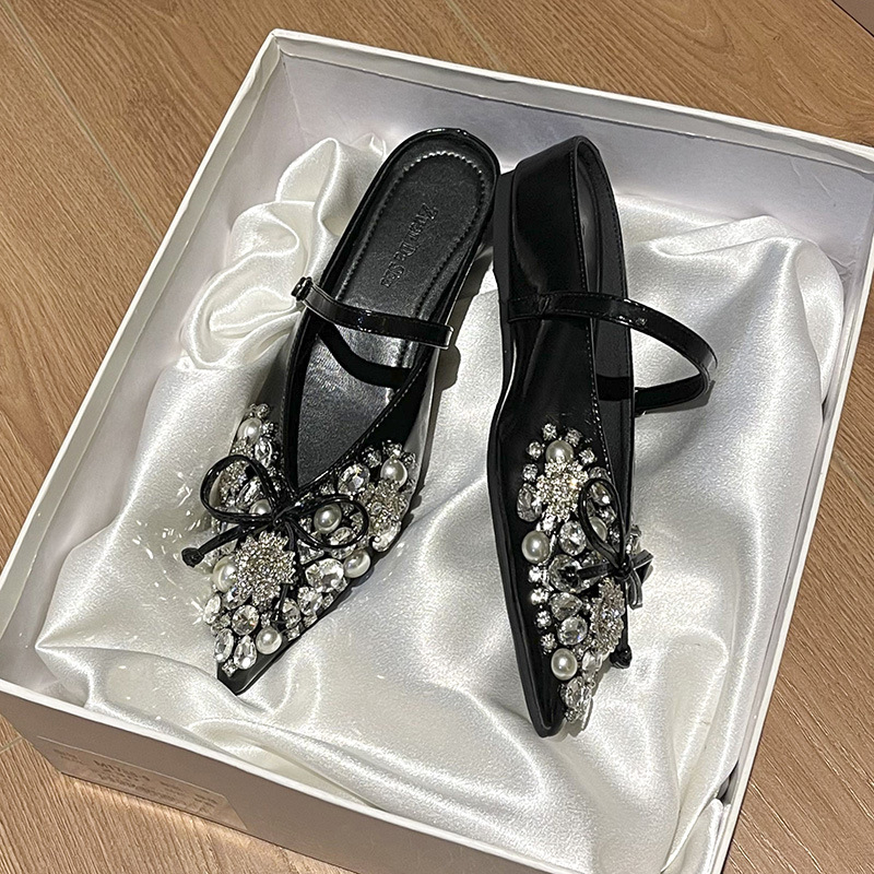 Ženske mule s oštrim vrhom, rhinestones, zatvoren vrh, ravne cipele, gornji materijal: super vlakno, potplat: guma, debljina potplata 3-5 cm