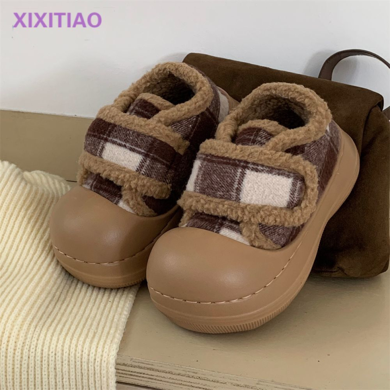 Ženski zimski loafersi od pliša, karirani uzorak, Velcro zatvarač, EVA potplat, protuklizno