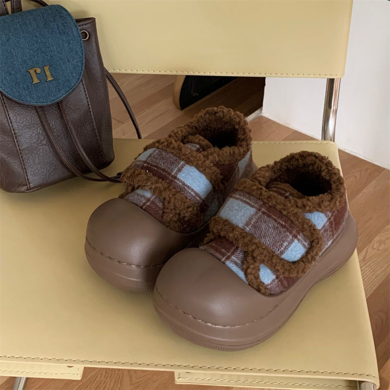 Ženski zimski loafersi od pliša, karirani uzorak, Velcro zatvarač, EVA potplat, protuklizno
