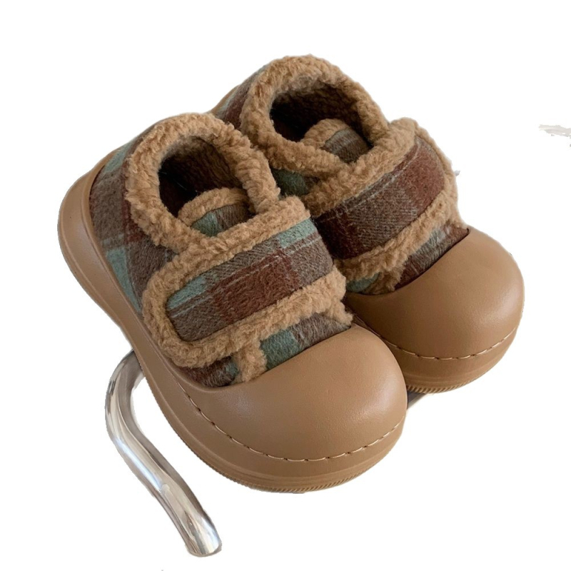 Ženski zimski loafersi od pliša, karirani uzorak, Velcro zatvarač, EVA potplat, protuklizno