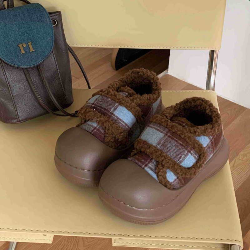 Ženski zimski loafersi od pliša, karirani uzorak, Velcro zatvarač, EVA potplat, protuklizno