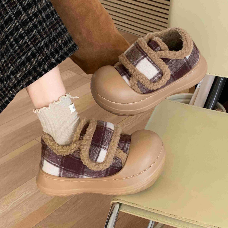 Ženski zimski loafersi od pliša, karirani uzorak, Velcro zatvarač, EVA potplat, protuklizno