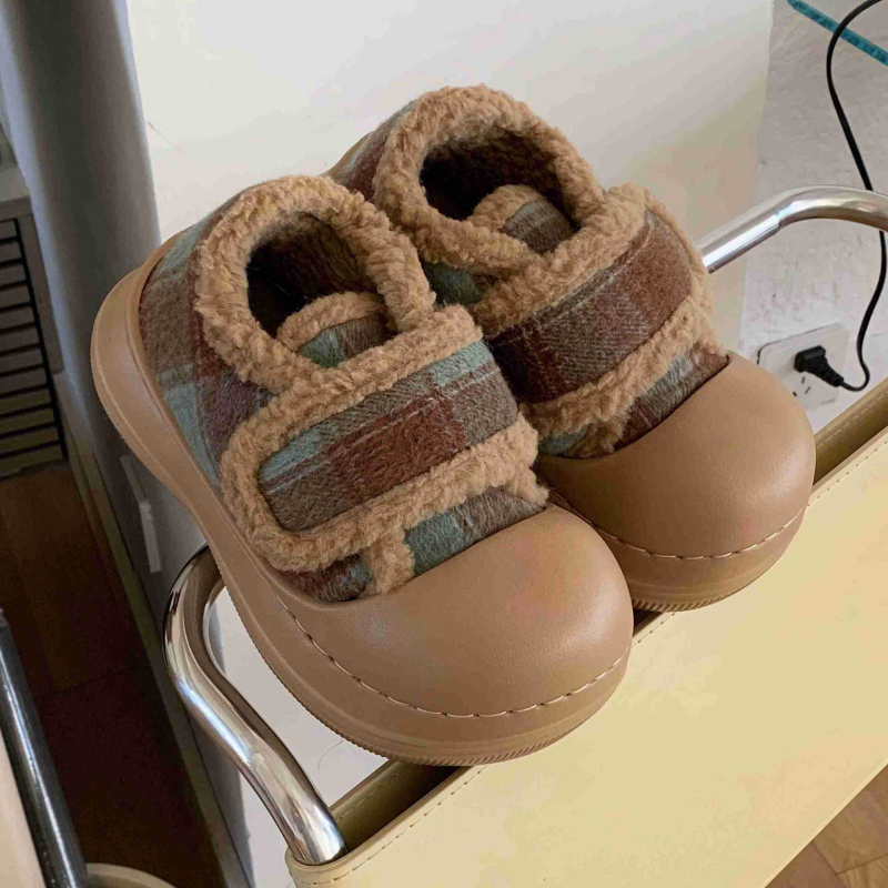Ženski zimski loafersi od pliša, karirani uzorak, Velcro zatvarač, EVA potplat, protuklizno