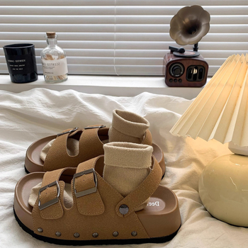 Γυναικεία ρωμαϊκά σανδάλια με πλατφόρμα, διπλής σειράς αγκράφα, στρογγυλή μύτη, PU πάνω, 5 cm ύψος σόλας