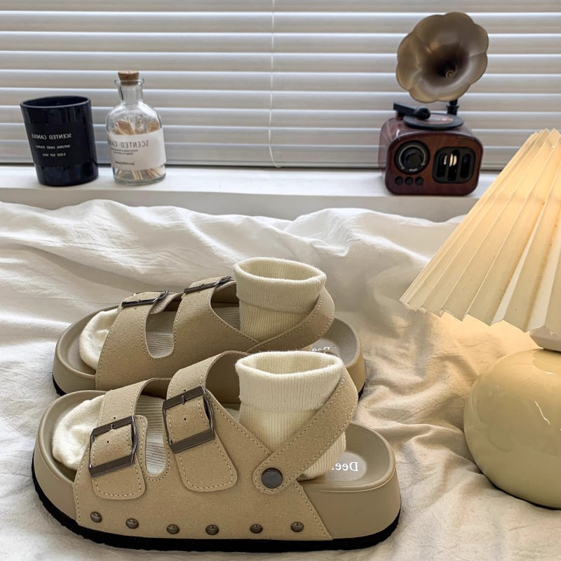 Γυναικεία ρωμαϊκά σανδάλια με πλατφόρμα, διπλής σειράς αγκράφα, στρογγυλή μύτη, PU πάνω, 5 cm ύψος σόλας