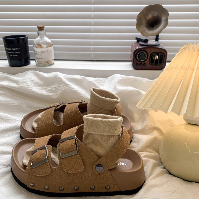 Γυναικεία ρωμαϊκά σανδάλια με πλατφόρμα, διπλής σειράς αγκράφα, στρογγυλή μύτη, PU πάνω, 5 cm ύψος σόλας