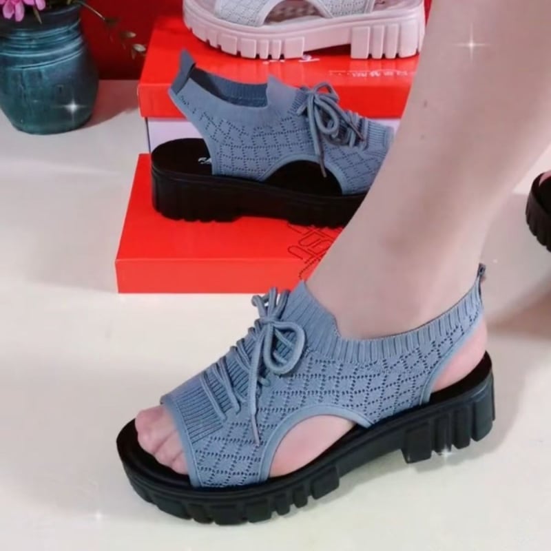 Γυναικεία σανδάλια με σχήμα στόματος ψαριού – αναπνεύσιμο ελαστικό επάνω μέρος, σόλα από καουτσούκ, μπροστινό κορδόνι, ρωμαϊκό στυλ, ριγέ σχέδιο