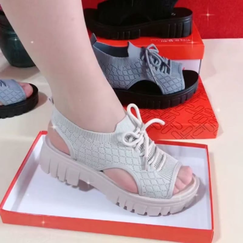 Γυναικεία σανδάλια με σχήμα στόματος ψαριού – αναπνεύσιμο ελαστικό επάνω μέρος, σόλα από καουτσούκ, μπροστινό κορδόνι, ρωμαϊκό στυλ, ριγέ σχέδιο