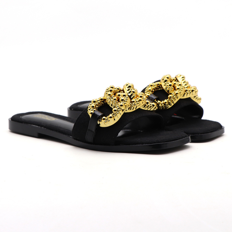 MS Ženske ravne sandale s lančanim remenom, gornja strana od mikrofibre, PU podstava, gumeni đon, blok uzorak