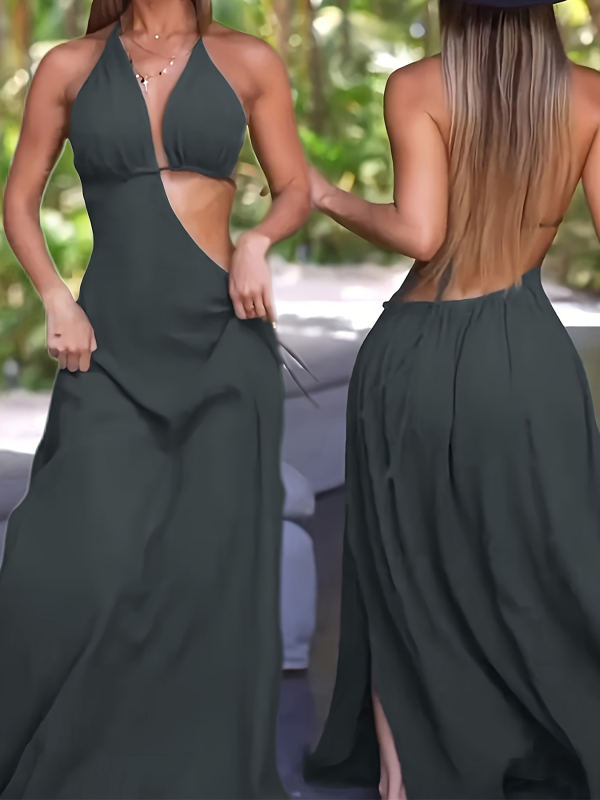 Haljina - Milk Silk tkanina, bez rukava, halter ovratnik, vezanje šnoricom, duga