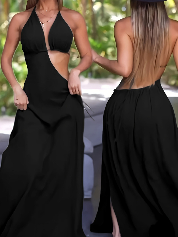 Haljina - Milk Silk tkanina, bez rukava, halter ovratnik, vezanje šnoricom, duga