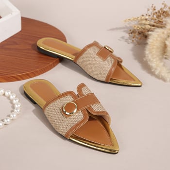 Papuče s otvorenim vrhom, plosne papuče, laneni gornji dio, PVC đon, korteks podstava, slip-on, đon 0–3 cm, ravno dno, ljeto 2024
