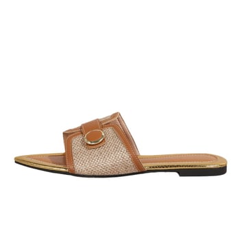 Papuče s otvorenim vrhom, plosne papuče, laneni gornji dio, PVC đon, korteks podstava, slip-on, đon 0–3 cm, ravno dno, ljeto 2024
