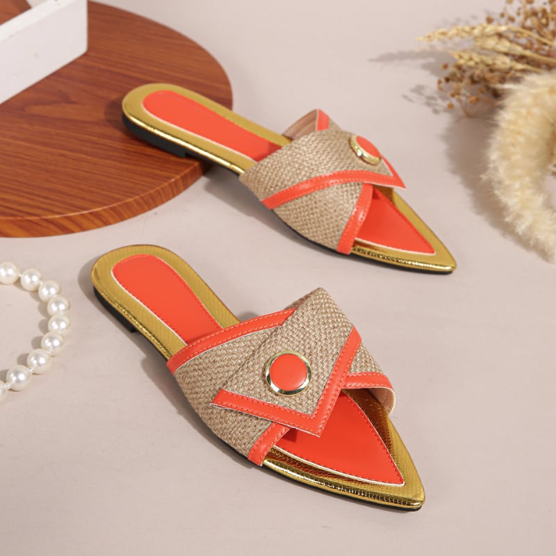 Papuče s otvorenim vrhom, plosne papuče, laneni gornji dio, PVC đon, korteks podstava, slip-on, đon 0–3 cm, ravno dno, ljeto 2024