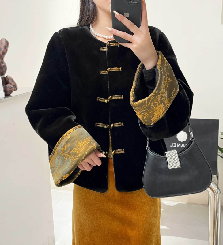 Ženski kaput od umjetne krznene dlake, srednja duljina, okrugli vrat, poliester, kineski stil