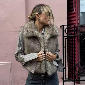 FEASY krzno prsluk s reverom, ultra kratka duljina, dugi rukavi, gradski stil