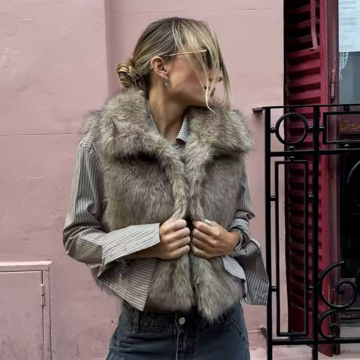 FEASY krzno prsluk s reverom, ultra kratka duljina, dugi rukavi, gradski stil