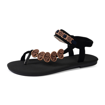 Дамски Boho сандали, кръгъл нос, PU горна част, гумирана подметка, нисък връх