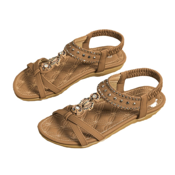 Γυναικείες μποέμ φλατ σανδάλια με λάστιχο πίσω, στρογγυλή μύτη, PU επάνω μέρος, PVC σόλα, αναπνεύσιμα, εθνοτικό στυλ