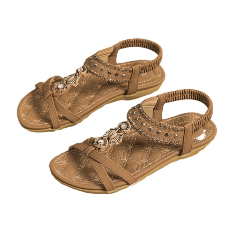 Γυναικείες μποέμ φλατ σανδάλια με λάστιχο πίσω, στρογγυλή μύτη, PU επάνω μέρος, PVC σόλα, αναπνεύσιμα, εθνοτικό στυλ