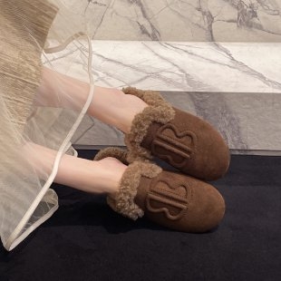 Papuci femei cu stil european din lână de miel, vârf rotund, talpă groasă din cauciuc, slip-on