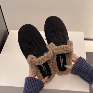 Papuci femei cu stil european din lână de miel, vârf rotund, talpă groasă din cauciuc, slip-on