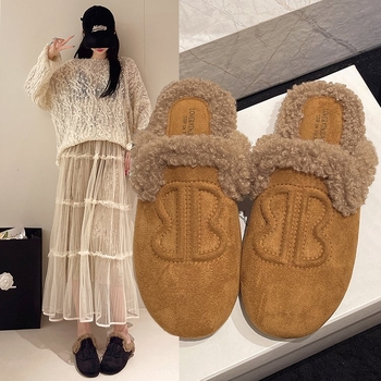 Papuci femei cu stil european din lână de miel, vârf rotund, talpă groasă din cauciuc, slip-on