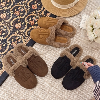 Papuci femei cu stil european din lână de miel, vârf rotund, talpă groasă din cauciuc, slip-on