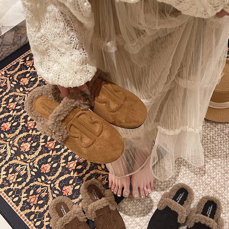 Papuci femei cu stil european din lână de miel, vârf rotund, talpă groasă din cauciuc, slip-on