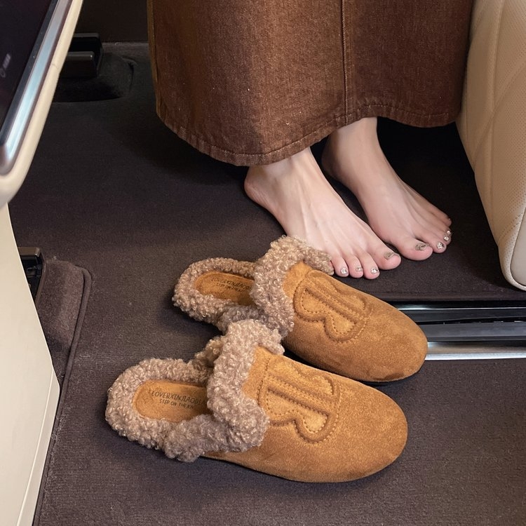 Papuci femei cu stil european din lână de miel, vârf rotund, talpă groasă din cauciuc, slip-on