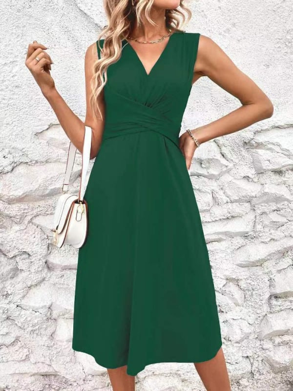 Φόρεμα χωρίς μανίκια με V-λαιμό, γραμμής Α, υψηλή μέση, μεσαίου μήκους