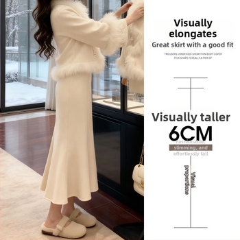 Γυναικεία πλεκτή φούστα με ουρά ψαριού, Χειμώνας 2025, Υψηλή μέση, Μεσαίου μήκους, Πολυεστέρας