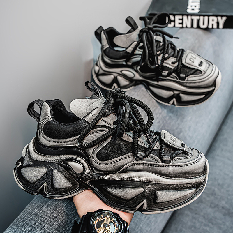 Unisex tenisice stila Dad Shoes - povišena debela potplat (3-5 cm), distresirani uzorak, gornji dio od umjetne kože, vezanje
