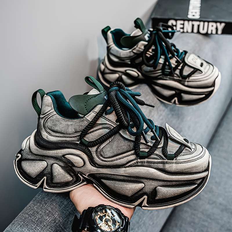 Unisex tenisice stila Dad Shoes - povišena debela potplat (3-5 cm), distresirani uzorak, gornji dio od umjetne kože, vezanje