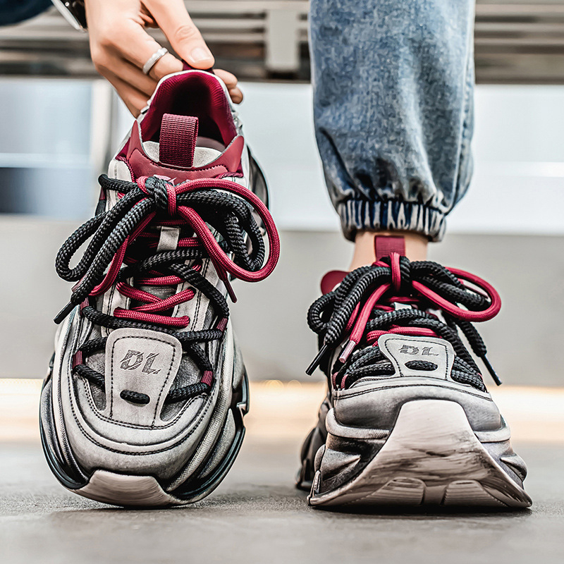 Unisex tenisice stila Dad Shoes - povišena debela potplat (3-5 cm), distresirani uzorak, gornji dio od umjetne kože, vezanje