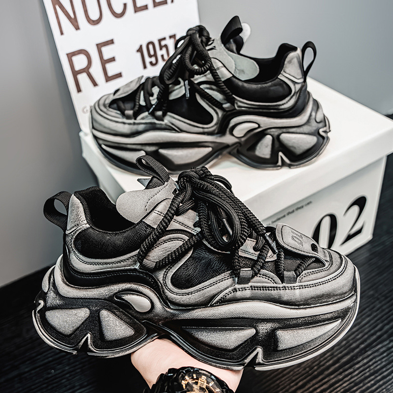 Unisex tenisice stila Dad Shoes - povišena debela potplat (3-5 cm), distresirani uzorak, gornji dio od umjetne kože, vezanje