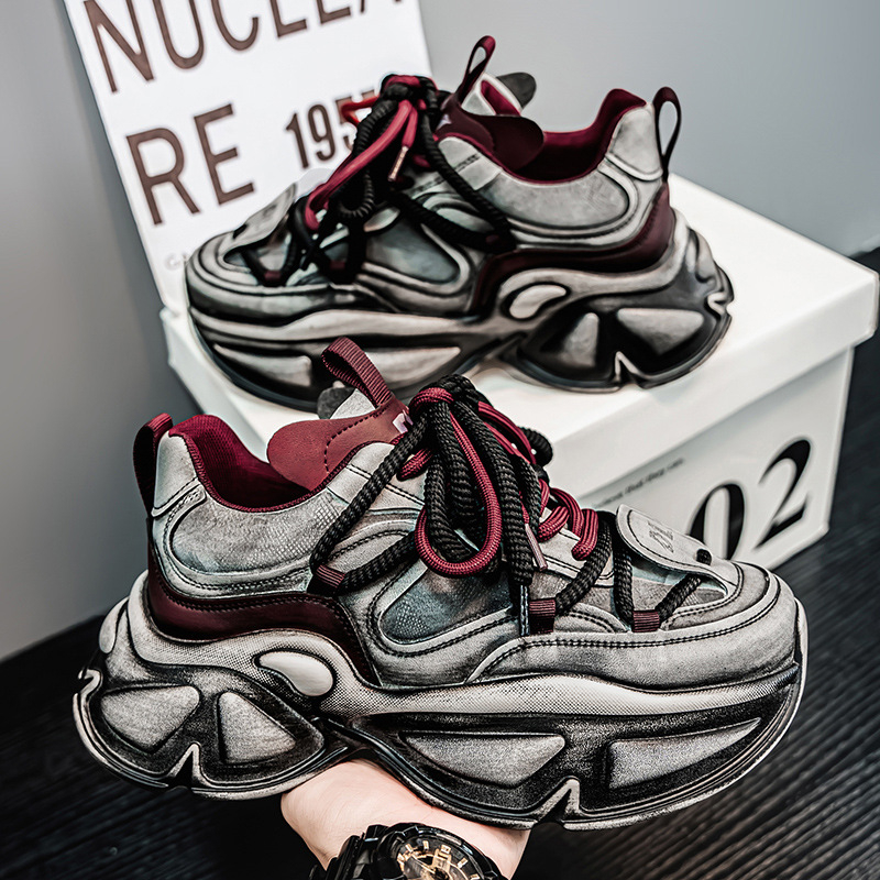 Unisex tenisice stila Dad Shoes - povišena debela potplat (3-5 cm), distresirani uzorak, gornji dio od umjetne kože, vezanje