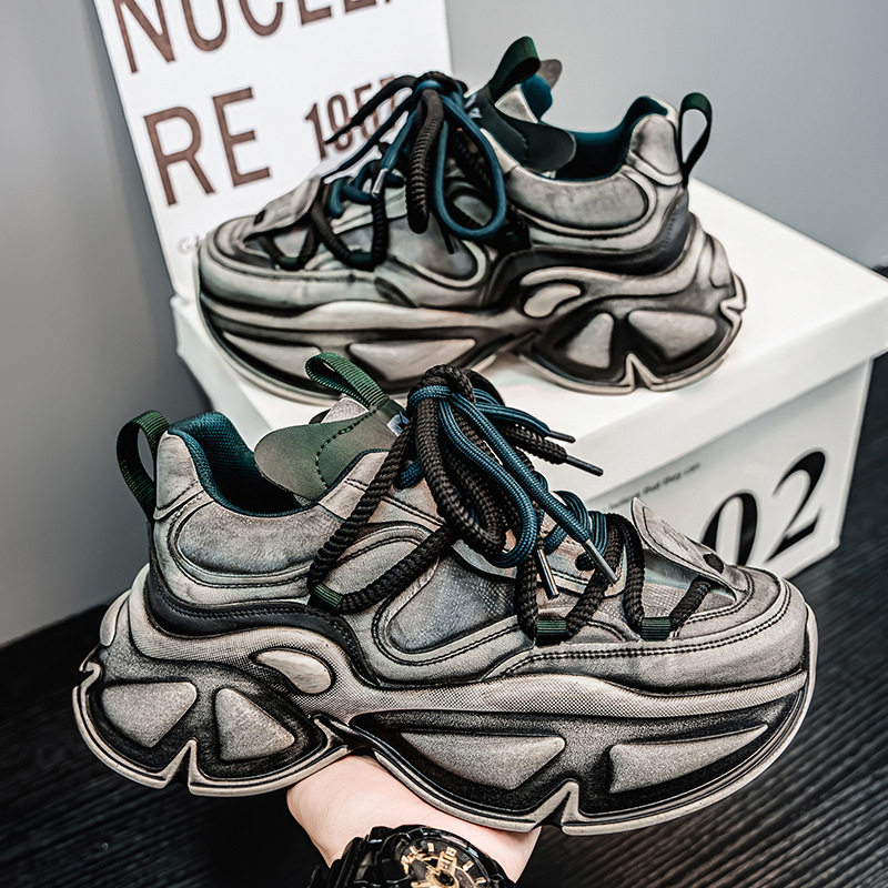 Unisex tenisice stila Dad Shoes - povišena debela potplat (3-5 cm), distresirani uzorak, gornji dio od umjetne kože, vezanje