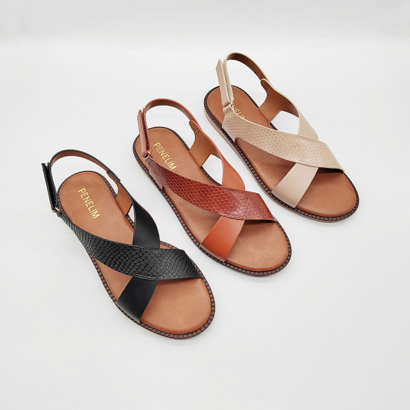 Ρωμαϊκά σανδάλια με εκτύπωση φιδιού, κλείσιμο με αγκράφα, PU πάνω μέρος, καουτσούκ σόλα, επίπεδη σόλα