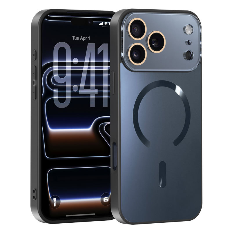 Magnetický kryt na iPhone s veľkým oknom objektívu, TPU materiál, reliéfna zadná strana s dvojitou textúrou, podporuje bezdrôtové magnetické nabíjanie