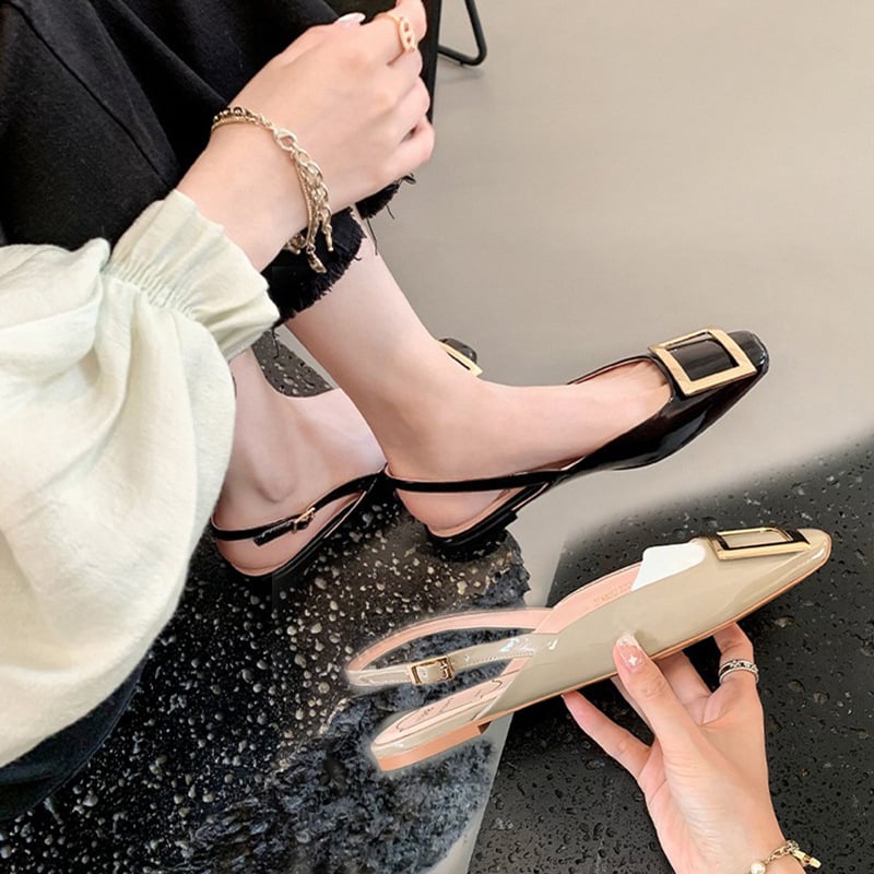 Γυναικείες σανδάλια με κάλυμμα δέρματος στην άκρη, τετράγωνη μύτη, πίσω λουράκι, αναπνεύσιμη καουτσούκ σόλα