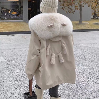 Palton de blană pentru femei, parka cu căptușeală de blană de iepure și guler detașabil din blană de vulpe, lungime medie, mâneci lungi, exterior din păr de iepure Rex
